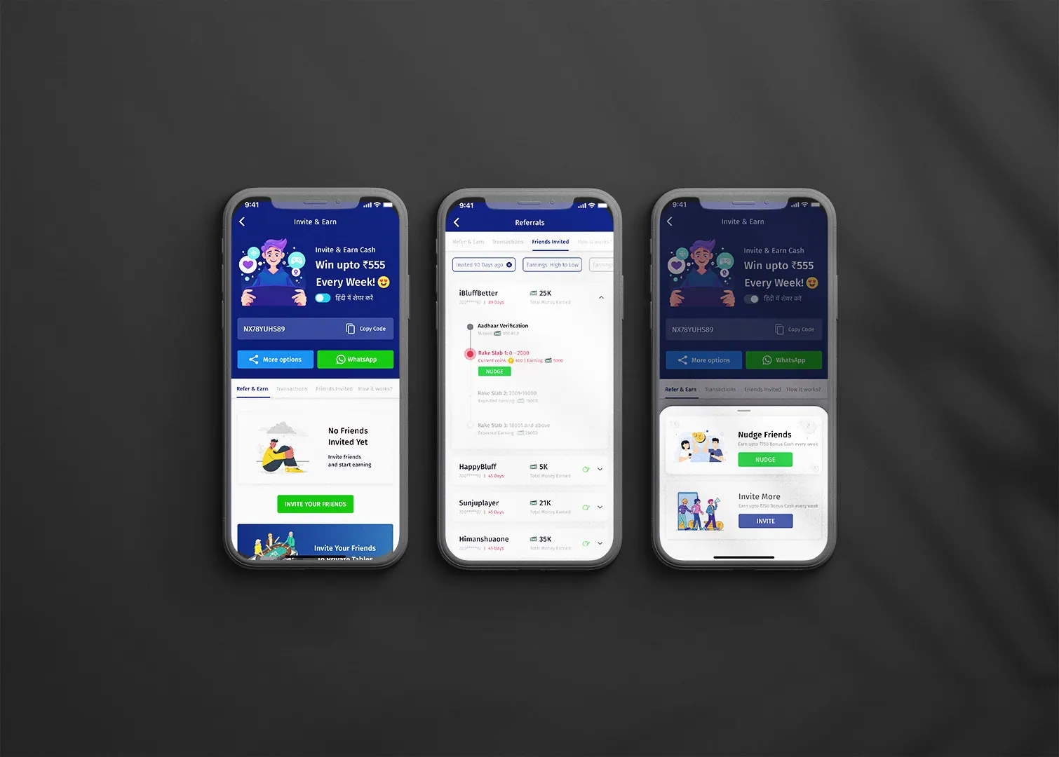 The three main screens of the PokerBaazi referral module, the invite screen, the friends invited tracker and the nudge sheet