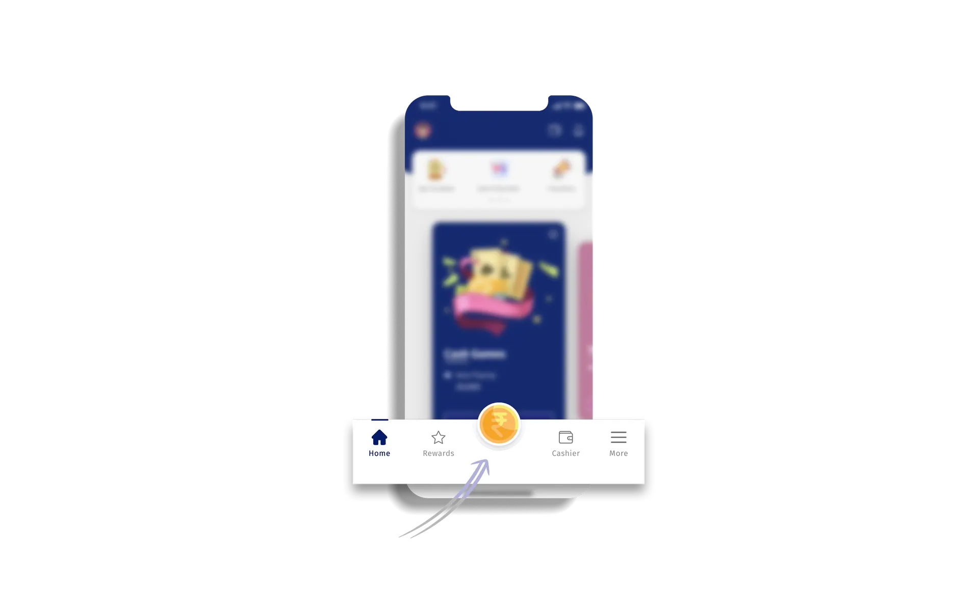 Home screen with a raised gold coin button in the centre of the bottom navigation bar