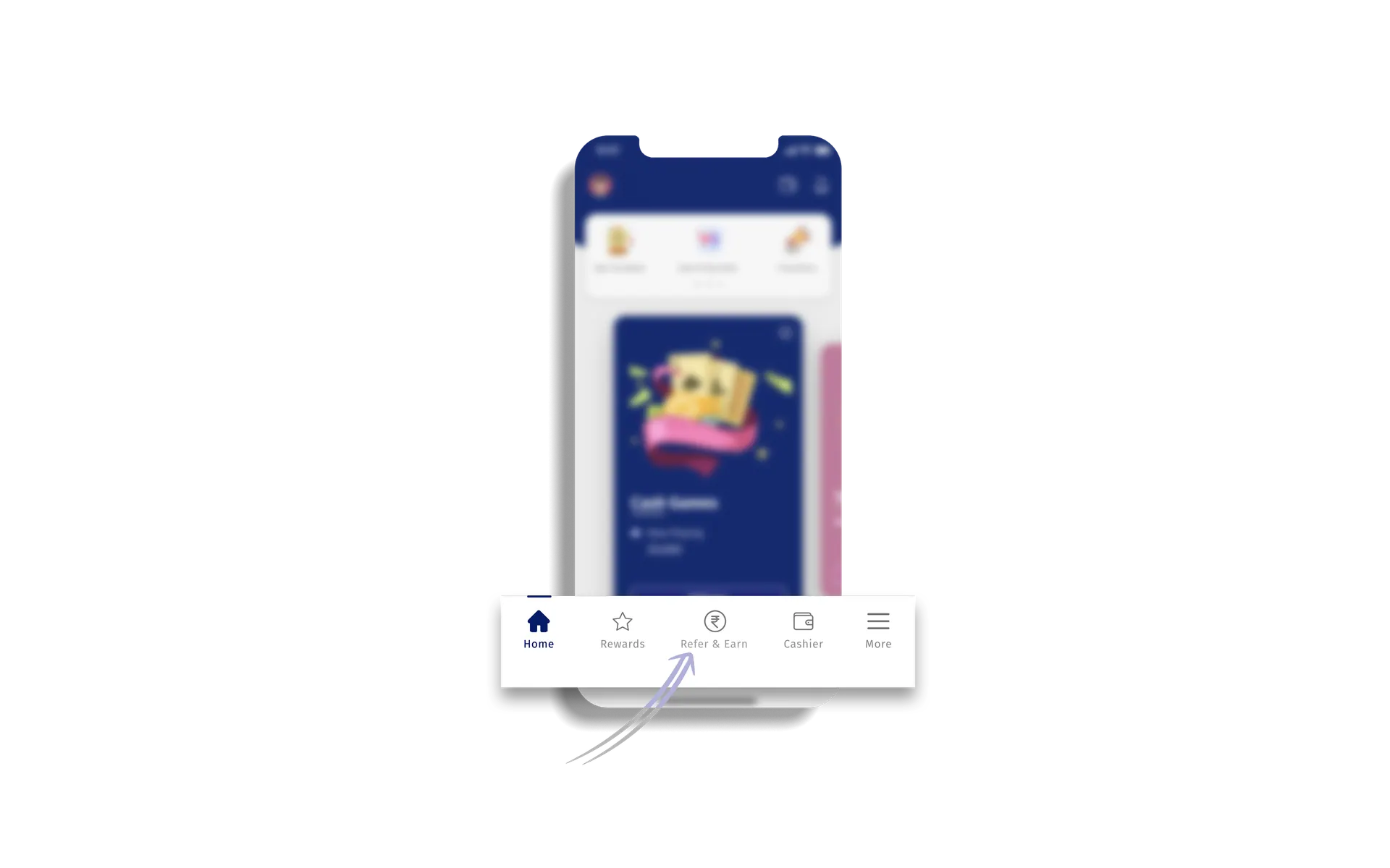 Home screen with a Refer and Earn tab sitting inline with the other bottom navigation icons