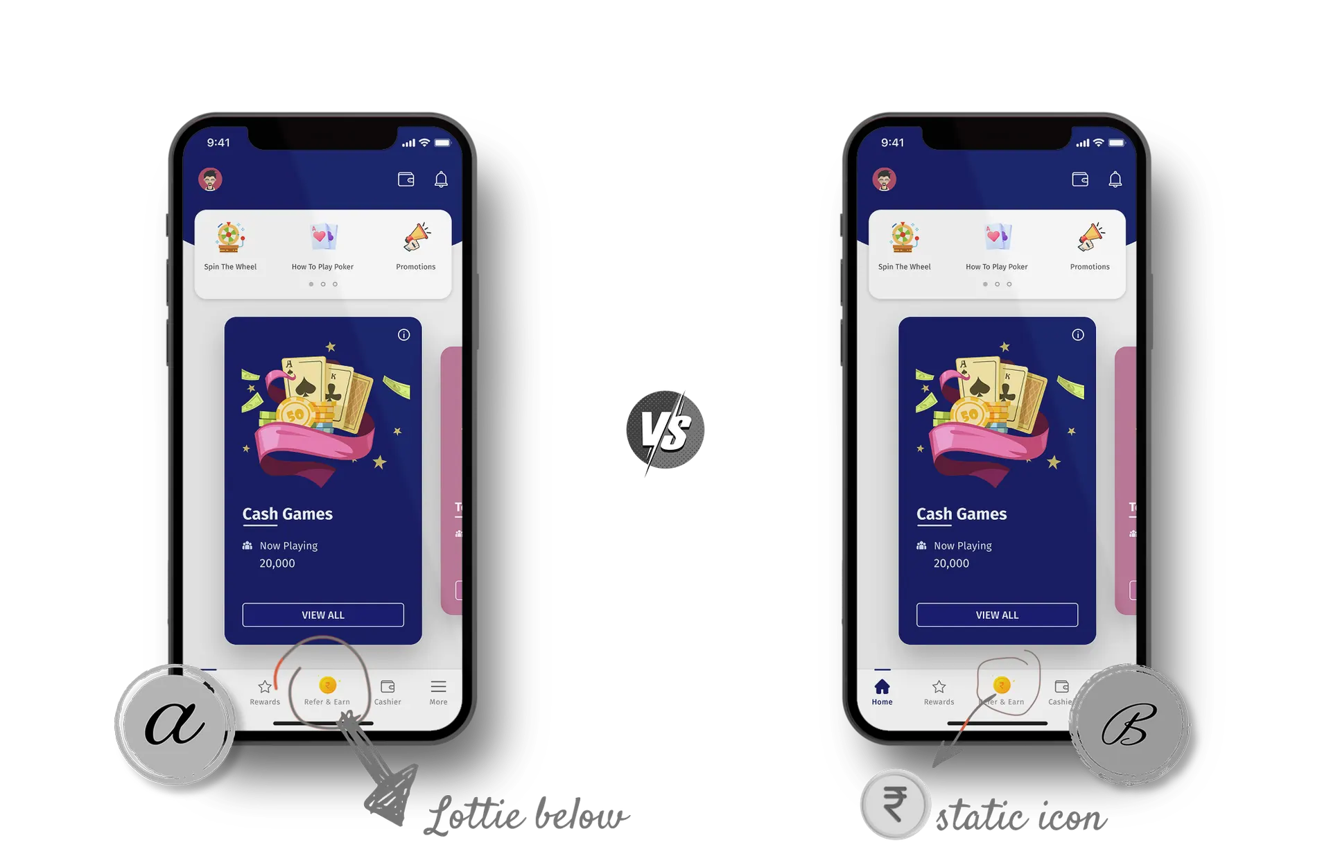 Two home screens side by side, one with an animated Lottie coin icon and one with a still gold coin icon in the bottom bar