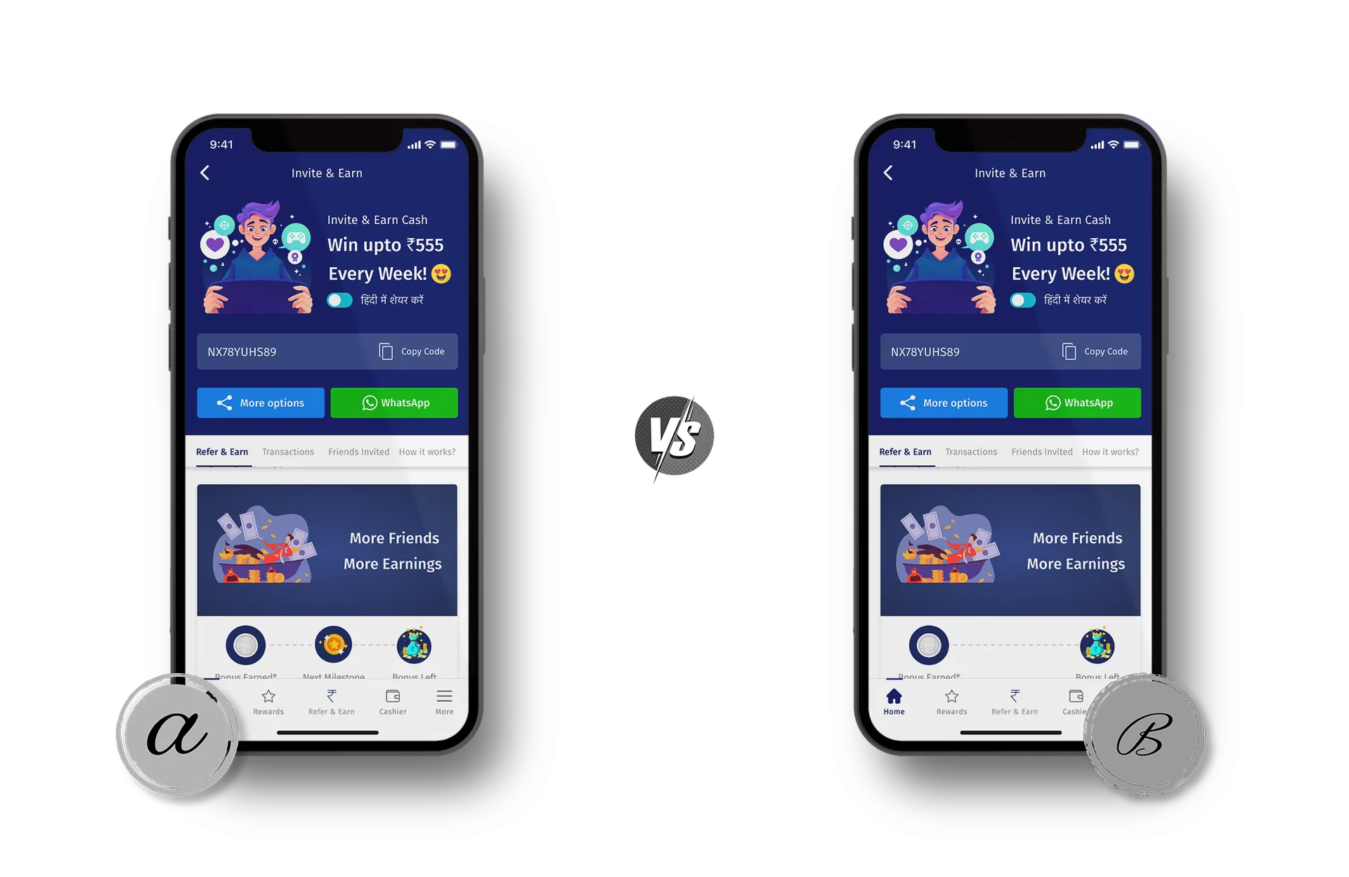 Two versions of the invite screen, one with three milestones on the earnings strip and one with a single milestone