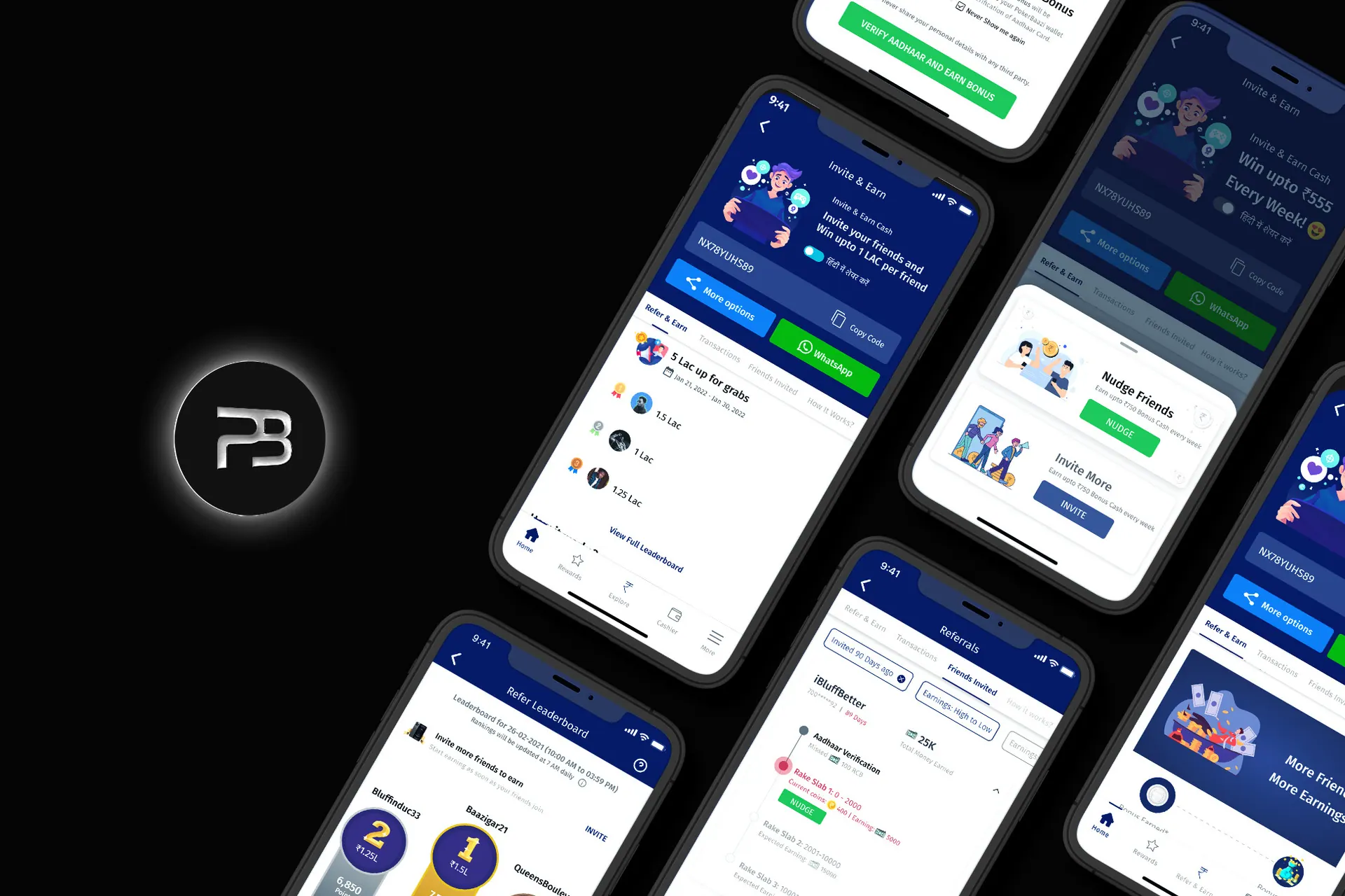 Every screen of the referral module laid out on a dark background, including the leaderboard and the Aadhaar bonus sheet