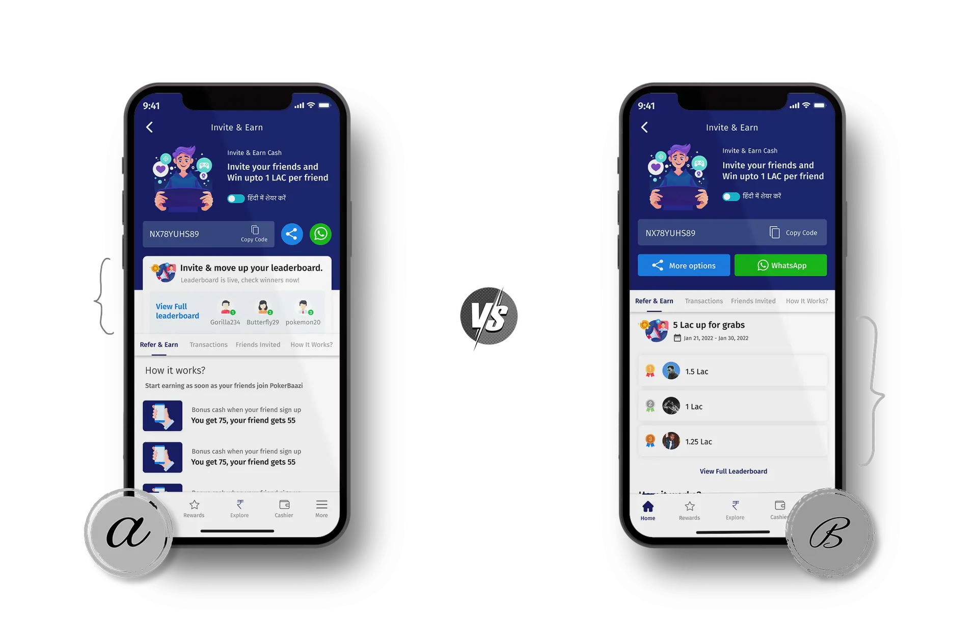 Two versions of the invite screen, one with the top three referrers in a row and one with them stacked in a column