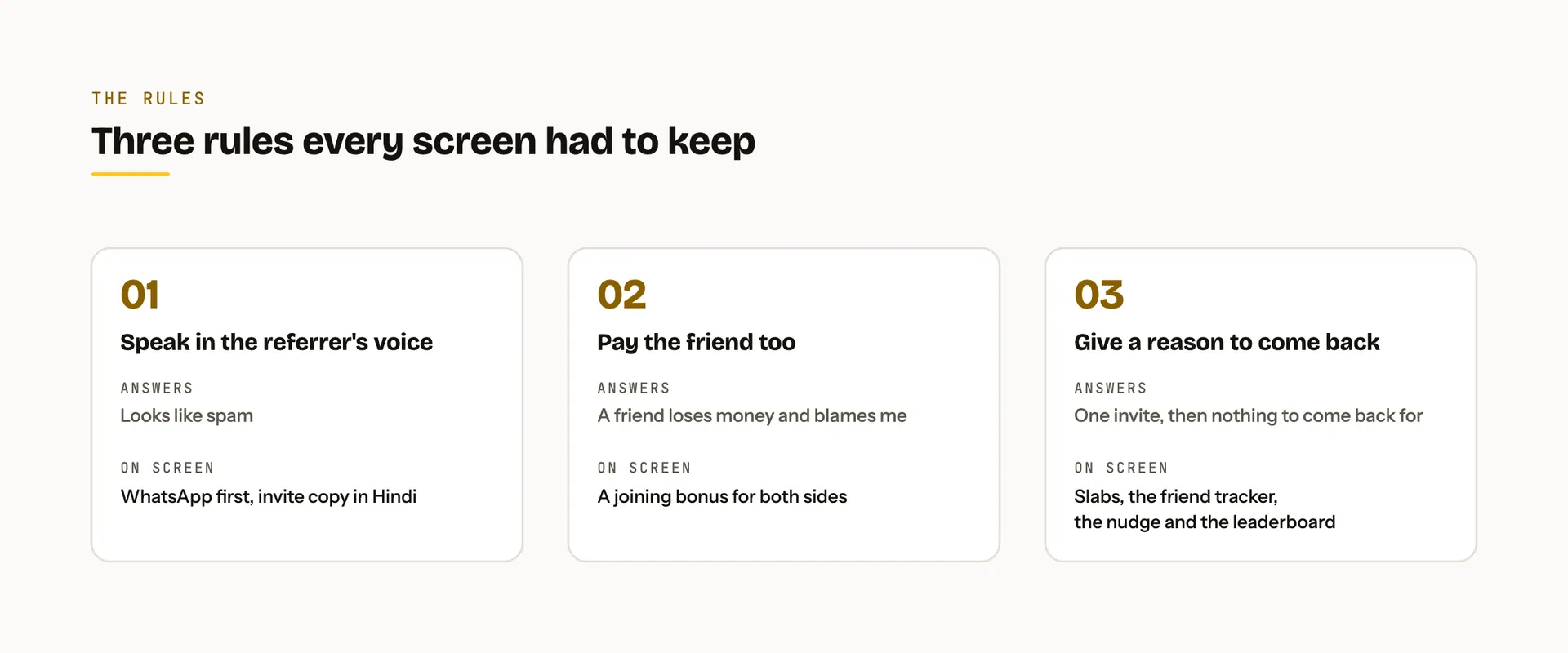 Three rules on three cards, speak in the referrer's voice, pay the friend too, give a reason to come back, each with the problem it answers and the screen element that keeps it