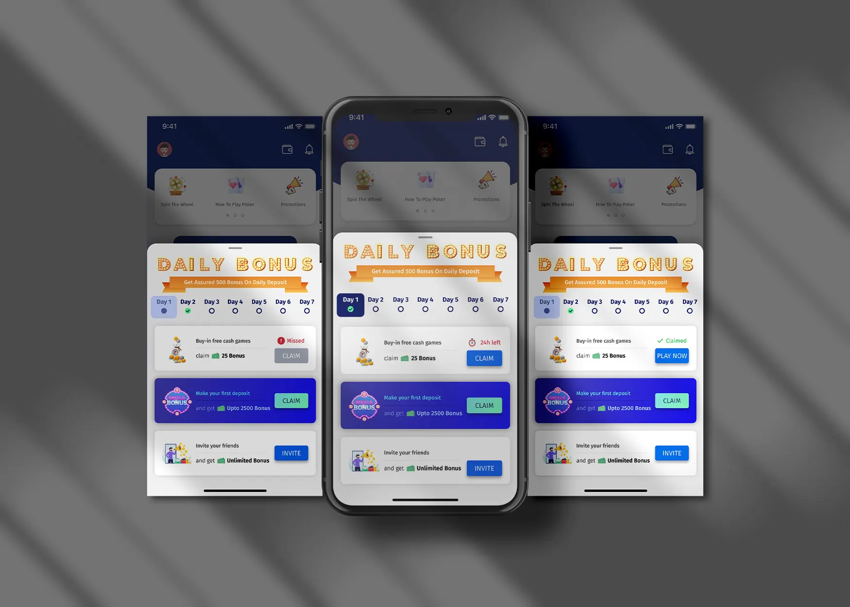 Three phones showing the daily bonus sheet in its default, missed and claimed states, with the day strip, the task of the day, the first deposit card and the invite card