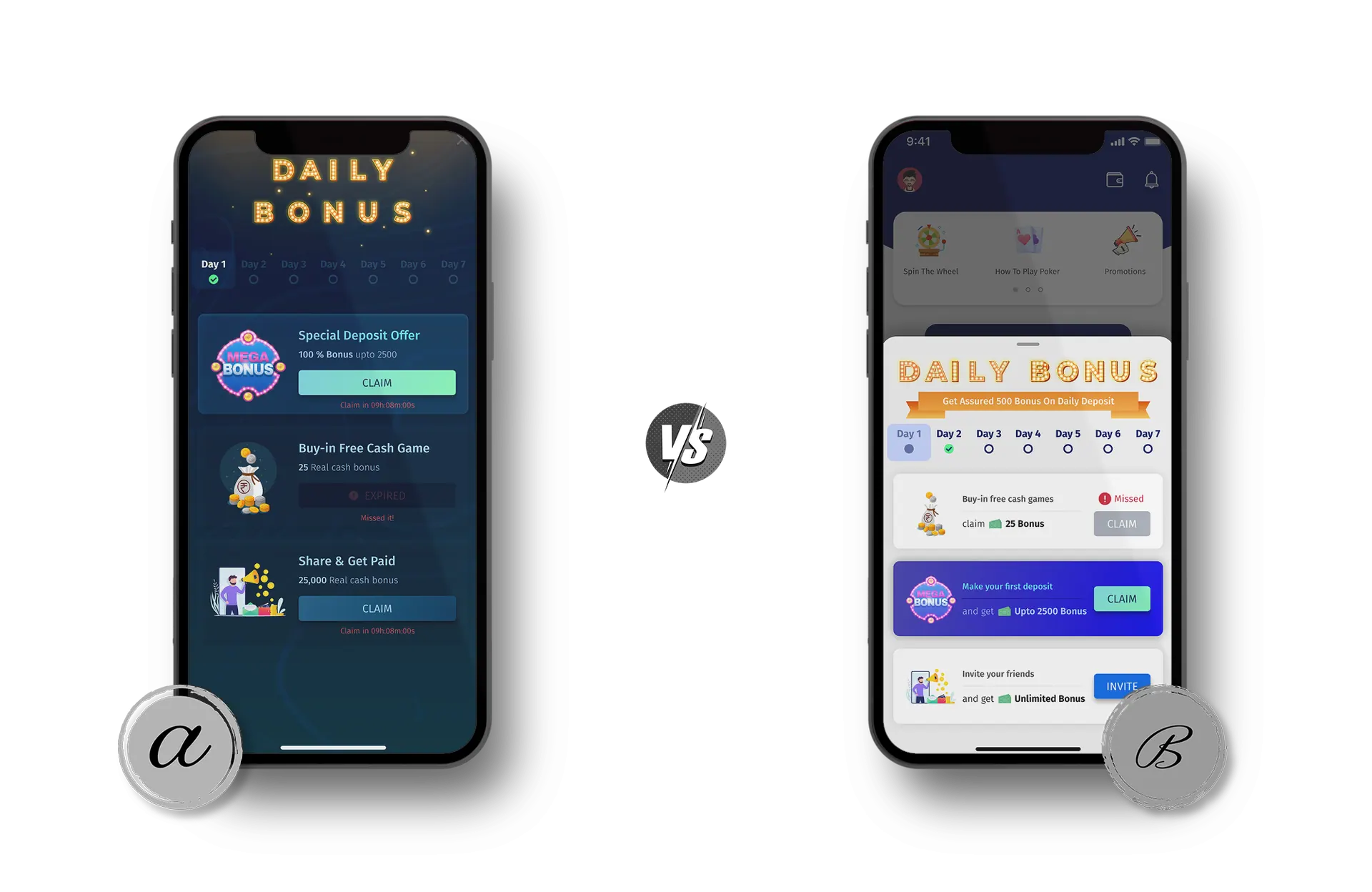 Two phones, one with the dark full page daily bonus design with neon colours, one with the light bottom sheet over the home screen