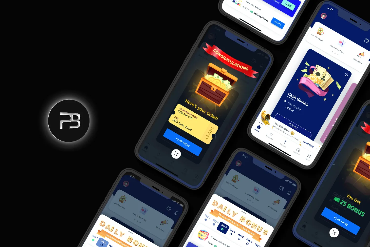 All screens of the module on a dark background, the home screen with the sheet, the tournament ticket day, the chest with a ticket and the chest with bonus cash
